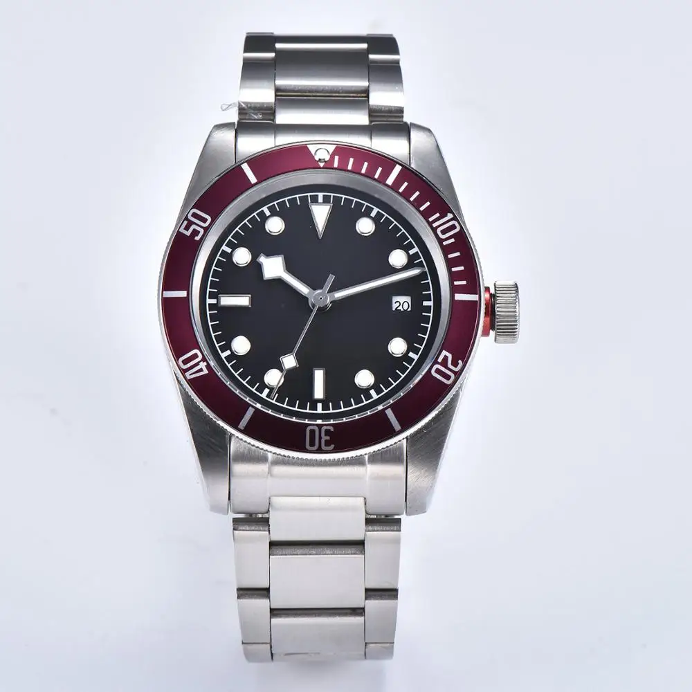 

Automatic 2019 fashion watch BAY military steel shell movement new 41mm Luminous Hands bracelet red bezel black dial 71212