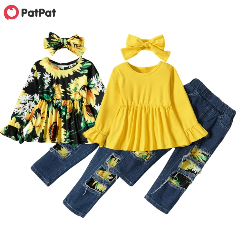 

PatPat New Arrival Spring and Summer 2-piece Baby Toddler Sunflower Top and Denim Pants Sets Children's Clothing