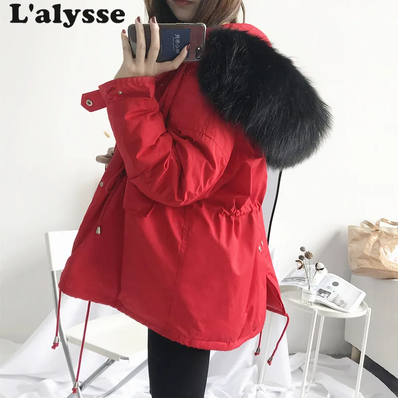 LALYSSE зимние куртки и короткие пальто женские парки с капюшоном стеганая Тёплая куртка Верхняя одежда большой воротник из искусственного меха chaqueta mujer