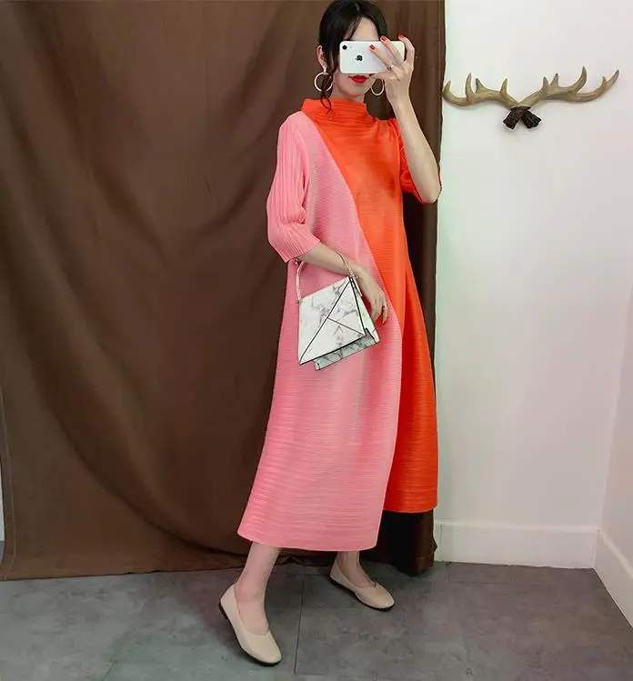 

Miyake pleated dress long section thin loose large size pleated seven-point sleeves slash collar free shipping