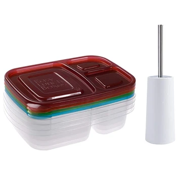 

1 Pcs 3-Compartment Rectangle Plastic Lunch Box & 1 Pcs Bathroom Toilet Brush,with Holder Toilet Brush Set