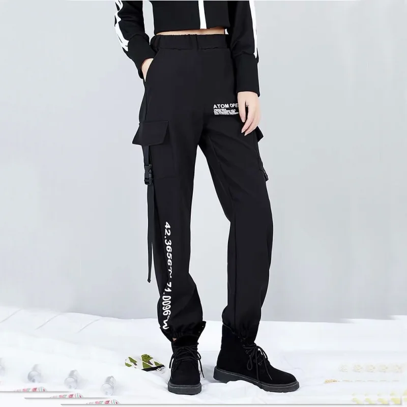 Jogger Mujer Cargo Pants Women Hip-hop Loose-Fit Side Printed Ankle Banded Pants Large Pockets Cargo Pants Women Lace Up Pants