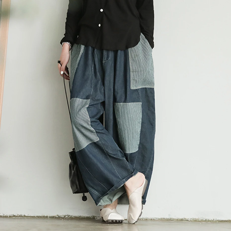 

Women Wide Leg Jeans Denim Pants Casual Fashion Retro Vintage Elastic Waist Loose Big Oversized Straight Patchwork AZ51193817
