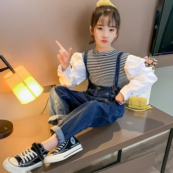 

Girls Clothing Suit Kids Autumn Clothes for Teen Girl Puff Sleeve Striped Shirt Denim Pants Sets 8 10 12 Year Children Outfits
