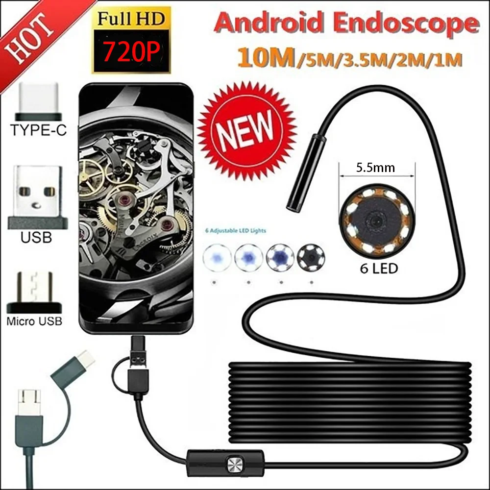 

5.5mm Industrial Endoscope Far Focus Phone Borescope Camera 720p HD Video Usb c Inspection Camera for Android Devices Windows 10