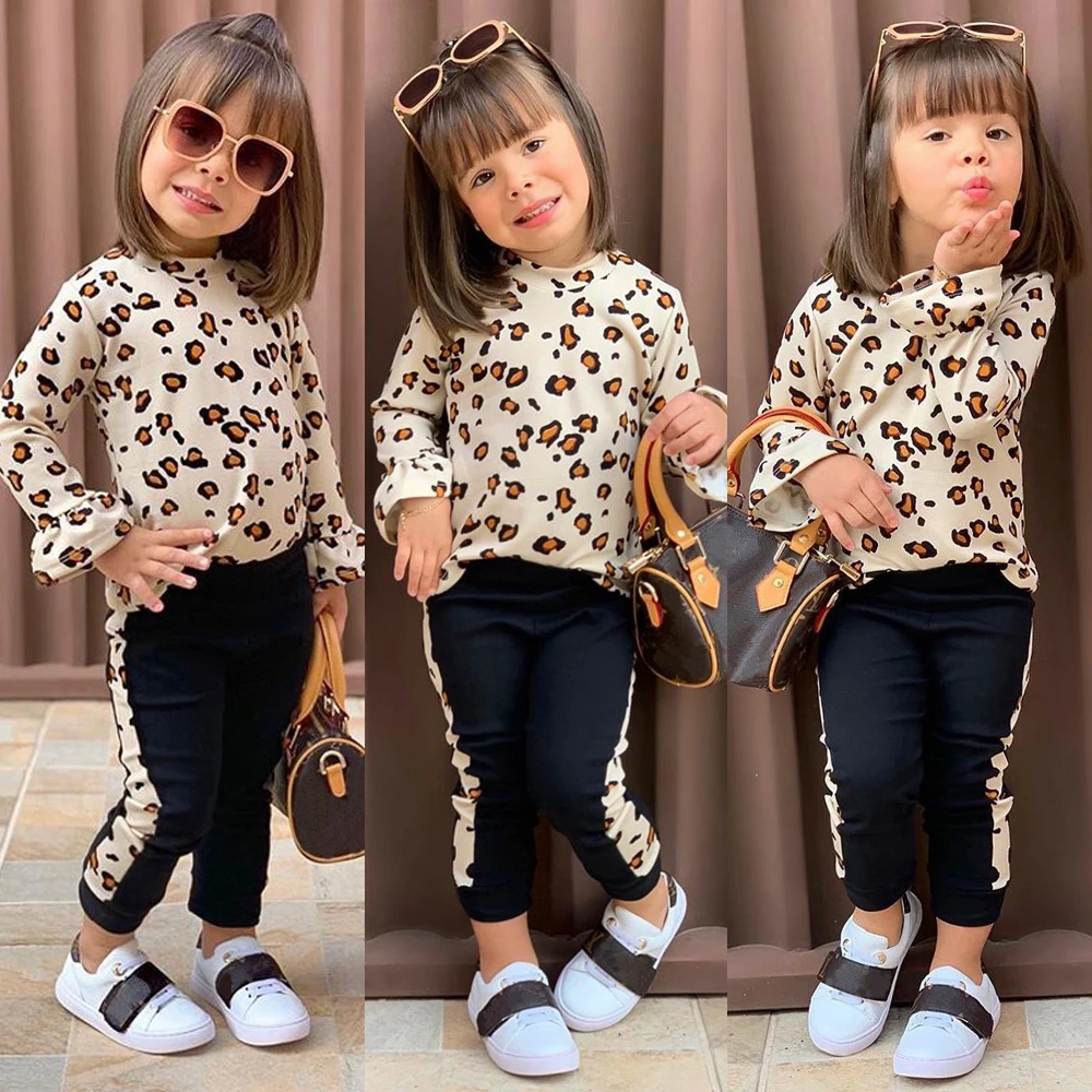 Emmababy комплект из 2 предметов, От 1 до 6 лет комплекты зимней одежды для маленьких девочек топ с длинными рукавами и леопардовым принтом+ длинные штаны