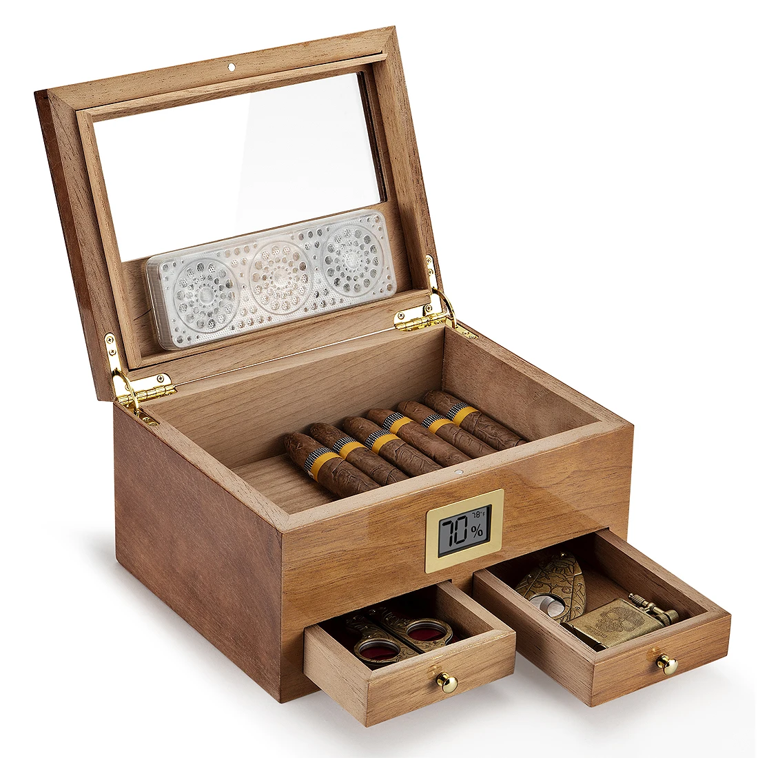 Xifei Cigar Humidor With Hygrometer Humidifier 2 Drawers Cedar Wood