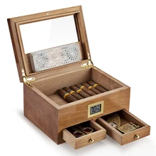 XIFEI Cigar Humidor With Hygrometer Humidifier 2 Drawers Cedar Wood Portable Humidor Box Cigar Case Fit 25-50 Cigars Cabinet