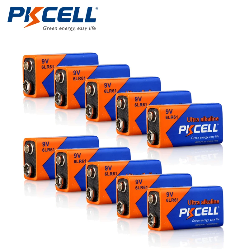 PKCELL 10 шт 9v Батарея аккумуляторная батарея 6LR61 квадратный щелочные батареи 9В 1604A