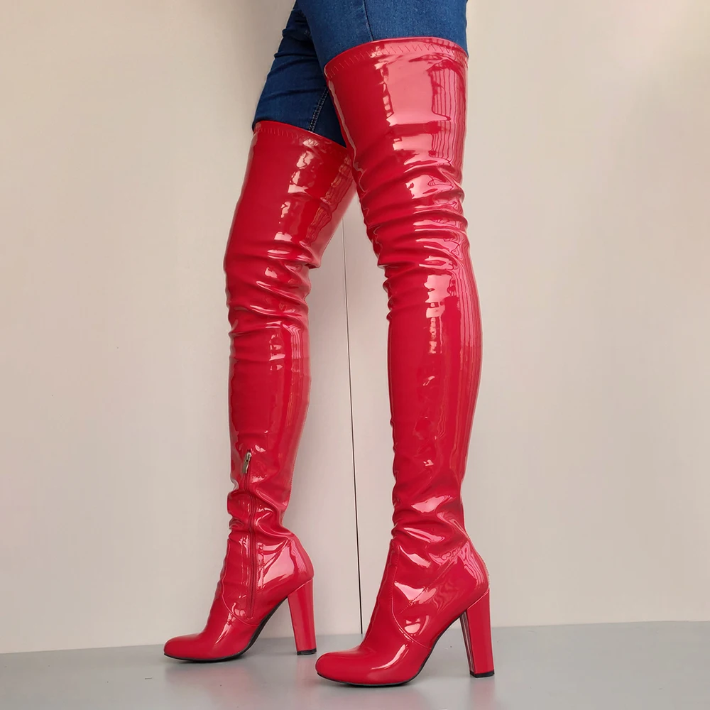 

Arden Furtado Woman Red Over The Knee Boots Round Toe Chunky heels red Thigh High Heels 11cm Sexy Stretch Boots Big Size 45 46