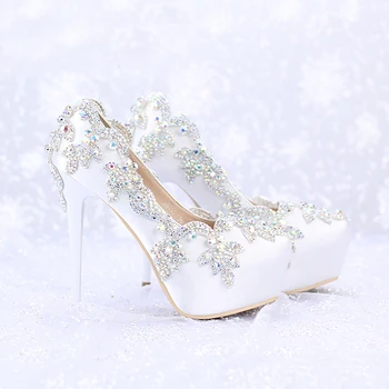

2020 Satin AB Color Crystal Round Toe Bridal Dress Platform Shoes Wedding High Heels Banquet Pageant Party Pumps Single Shoes