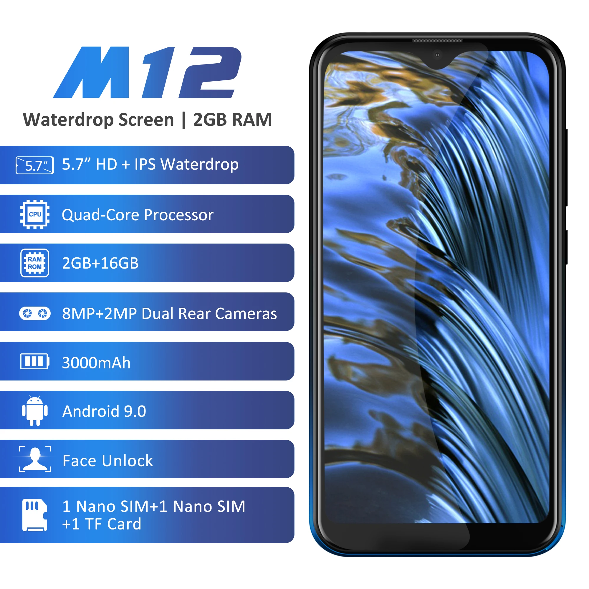 Leagoo M12 Android 9 MT6739ww четырехъядерный 2 Гб ОЗУ 16 Гб ПЗУ 5,7 дюймов ips 3000 мАч 5 В/1A быстрый заряд Лицо ID мобильный телефон