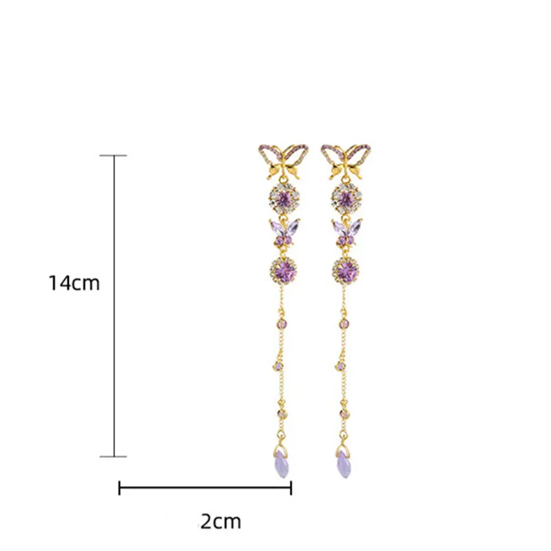 FYUAN Beautiful Butterfly Drop Earrings for Women Long Tassel Purple Crystal Earrings Weddings Engagement Jewelry Gift