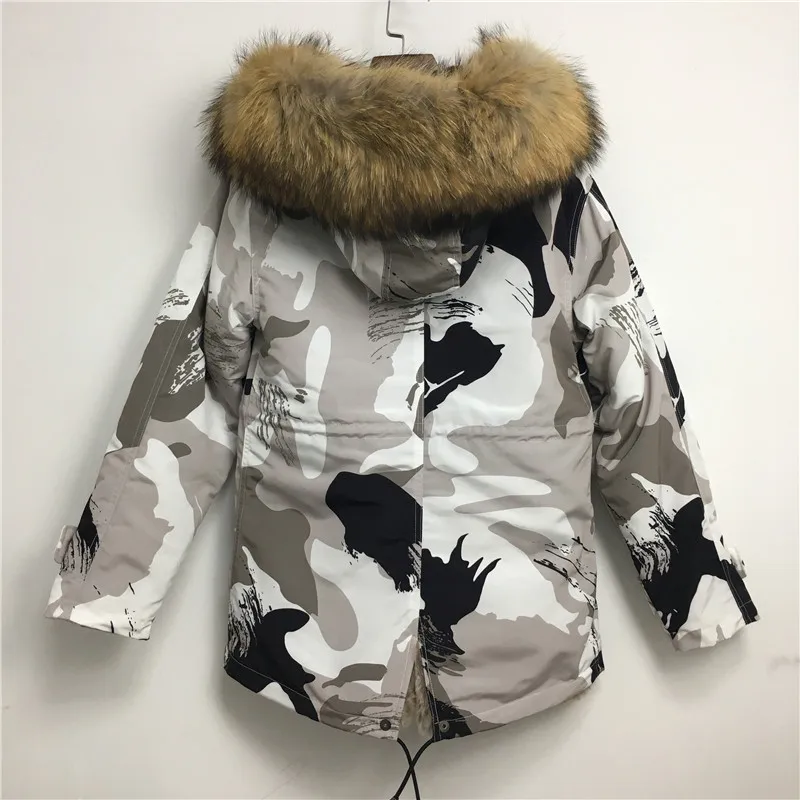 Камуфляжная короткая парка с подкладкой из искусственного меха, новинка года, стильное пальто, зимняя теплая Женская Повседневная куртка с воротником из натурального меха енота