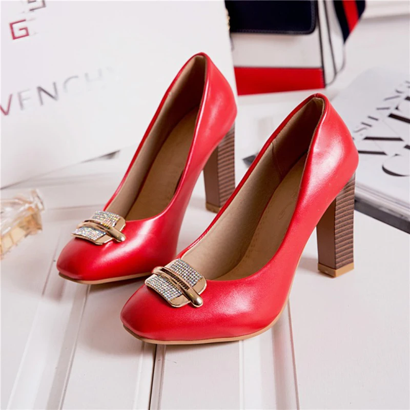 Kolnoo Handmade Womens Chunky Heels Pumps Slip-On Round-Toe Metal&Rhinstones Sexy 3-Color Evening Party Prom Fashion Court Shoes