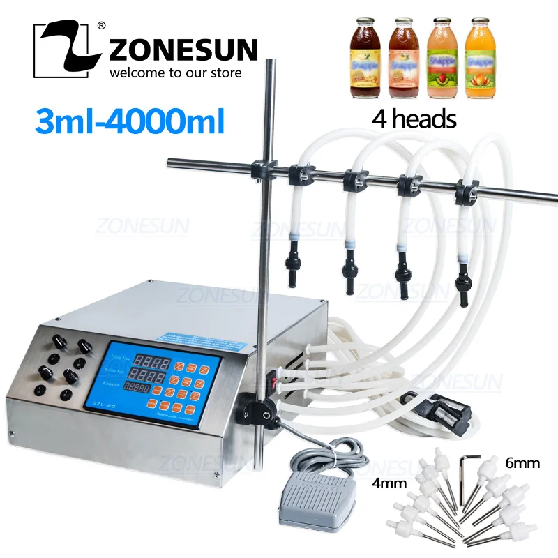 ZONESUN 4 головки жидкая Парфюмерная вода сок эфирное масло Электрический цифровой контроль насос жидкая машина для наполнения 3-4000 мл