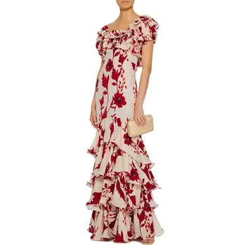 

Gedivoen Holiday Summer Dress Women One-Shoulder Floral Print Patchwork Cascading Ruffle Dress Fashion Designer Female Dresses