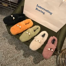 Дизайнерские женские теплые туфли на плоской подошве с натуральным кроличьим мехом и жемчугом; модные туфли-лодочки ярких цветов; цвет оранжевый, зеленый, бежевый; вечерние слипоны; Mujer