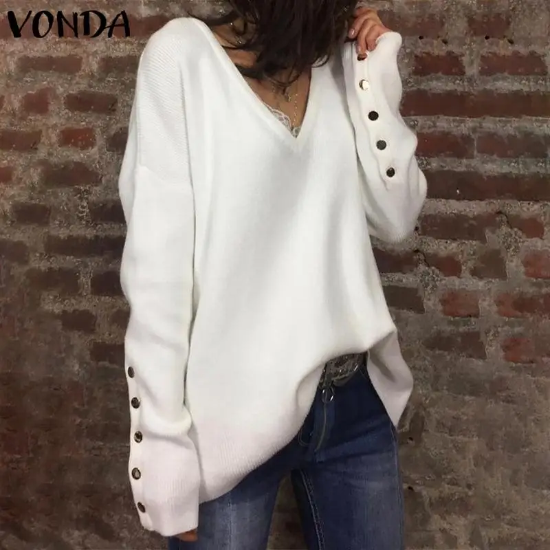 VONDA, осенне-зимний вязаный свитер, блуза, Женский Топ с длинным рукавом и v-образным вырезом, трикотажный пуловер, тонкий свитер размера плюс 5XL