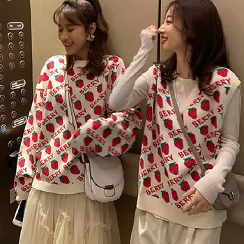

Women Sweater Knitwear Cute Long Sleeve Sweater Strawberry Print Or Vest V-neck Cute Sweater Female Clothing