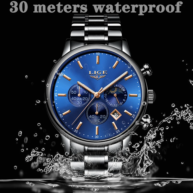 Часы наручные LIGE Мужские кварцевые модные деловые водонепроницаемые полностью