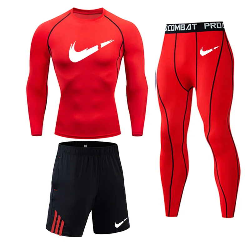 3-piece suit Брендовая Спортивная одежда для спортивного зала, бега, компрессионные трико для фитнеса, рубашка, леггинсы, спортивный мужской полный костюм, спортивный костюм - Цвет: 3-piece suit