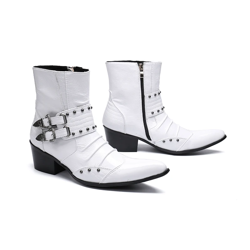 

Mens New Style zip Buckle dress Boots Fashion mens rivet white Boot Genuine Leather Breathable pointed toe oxfords for men