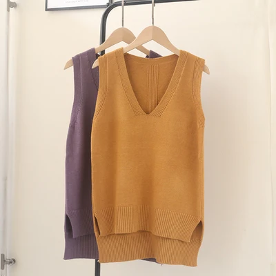 RUGOD вязаный жилет без рукавов Топ женский свободный v-образный вырез карамельный цвет простой свитер в Корейском стиле Повседневная элегантная вязаная одежда зима - Цвет: CAMEL