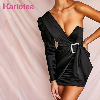 

Karlofea Women Elegant One Shoulder Draped Satin Dress Sexy Asymmetrical Club Party Disco Wear New Office Lady Outfits Vestidos