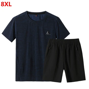 

Summer thin men's plus size 7XL 8XL jogger set mesh casual round neck quick-drying short-sleeved T-shirt shorts men track suit