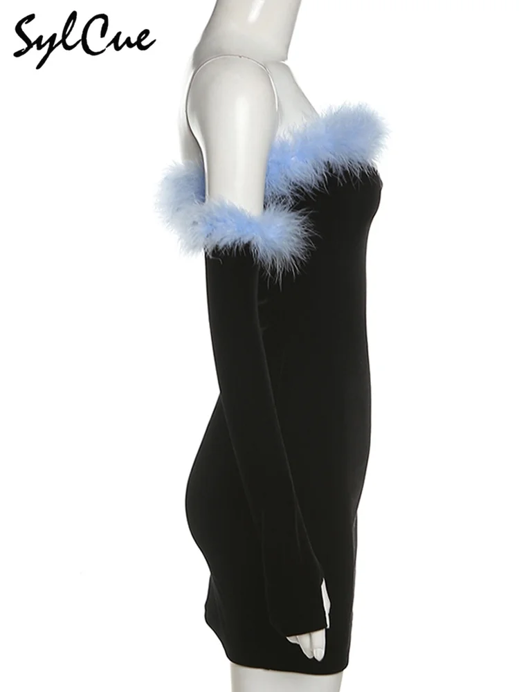 Sylcue 2021 Winter New Products All-Match Thin Tight Plush Classic Black Long Gloves Tube Top Women's Dress With Hips mother of the groom dresses