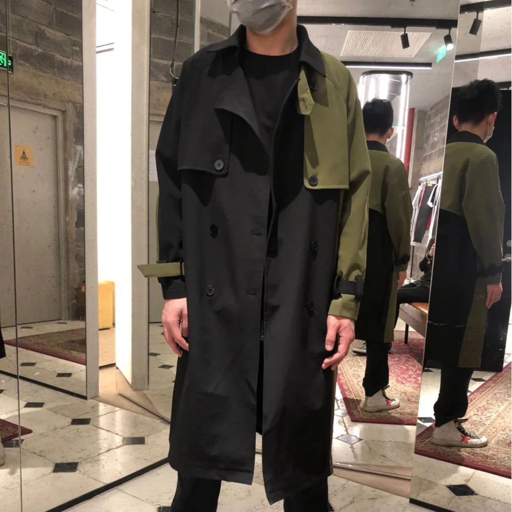 Men Autumn Winter Splice Sashes Loose Casual Chic Long Trench Coat Male Vintage Streetwear Hip Hop Windbreaker Overcoat Jacket