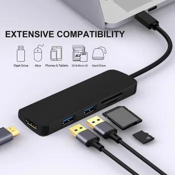 

5 in 1 USB Hub USB Type-C to HDMI 4K Adapter SD/TF Card Reader For TV MacBook ChromeBook Matebook