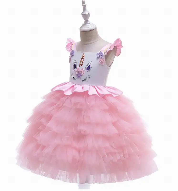 Платья для девочек с единорогом; многослойные газовые платья принцессы без рукавов; вечерние платья; нарядное платье; одежда для малышей; От 3 до 10 лет; DJS005