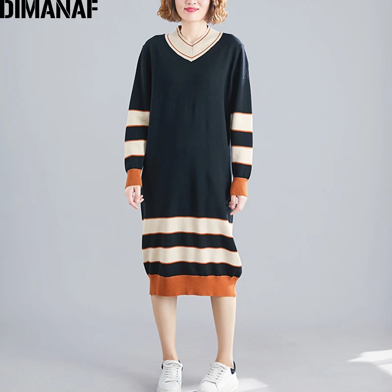 DIMANAF плюс размер зимнее женское платье вязаный плотный свитер Vestidos с длинным