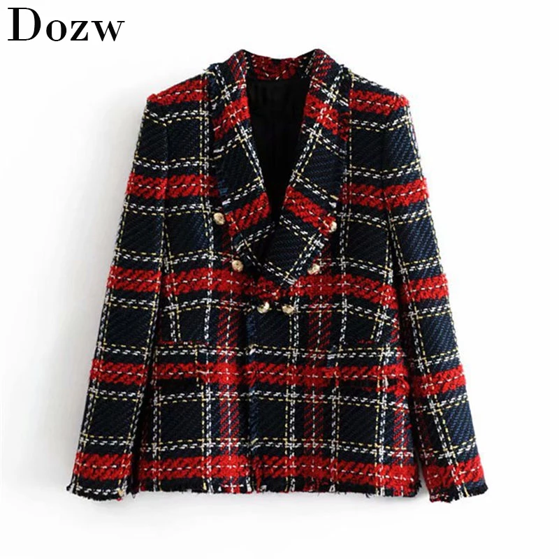 Vintage Women Red Plaid Tweed Blazer Coat Elegant Double Breasted Tassel Suit Jacket Winter Long Sleeve Office Outerwear Blazer