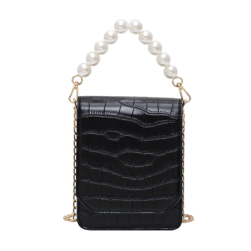

Fashion Brand Handbag High Quality PU Pearl Chain Luxury Small Square Shoulder Bags New Stone Pattern Women Crossbody Bags White