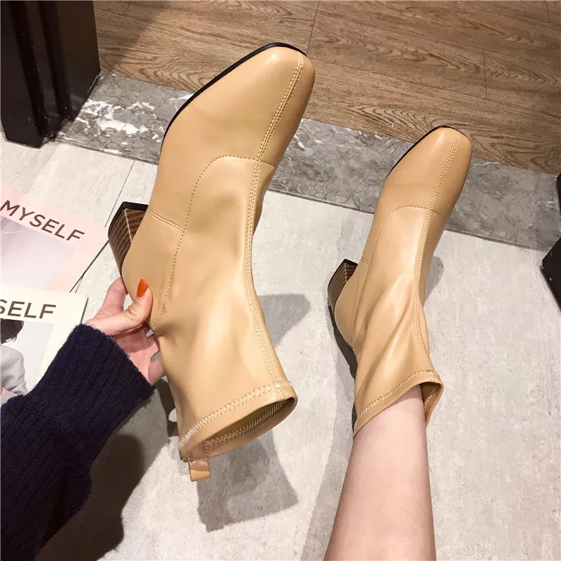 Bootee/ г. Женские ботинки на среднем каблуке со шнуровкой Женская обувь на резиновой подошве Роскошные Дизайнерские ботиночки для дождливой погоды Дамская Осенняя мода до середины икры