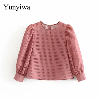 

2020 Women's New Plaid Transparent Hard Yarn Top Womens Blouse Tops Vintage Korean Blouses Clothes Blusas Camisas Mujer