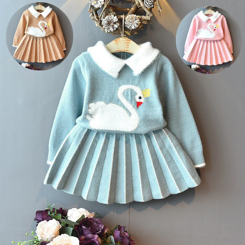 

2019 Autumn And Winter New Style Children Set Girls Cartoon Baby Crystal Mink Cashmere Little Swan Sweater Knitting Suit