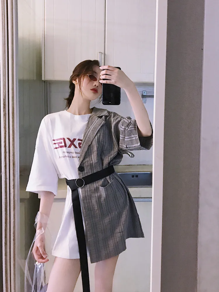 Новая клетчатая прошитая фальшивая 2 шт. платье с буквенным принтом женская одежда Kawaii Ретро женские корейские платья Harajuku для женщин XS XXL