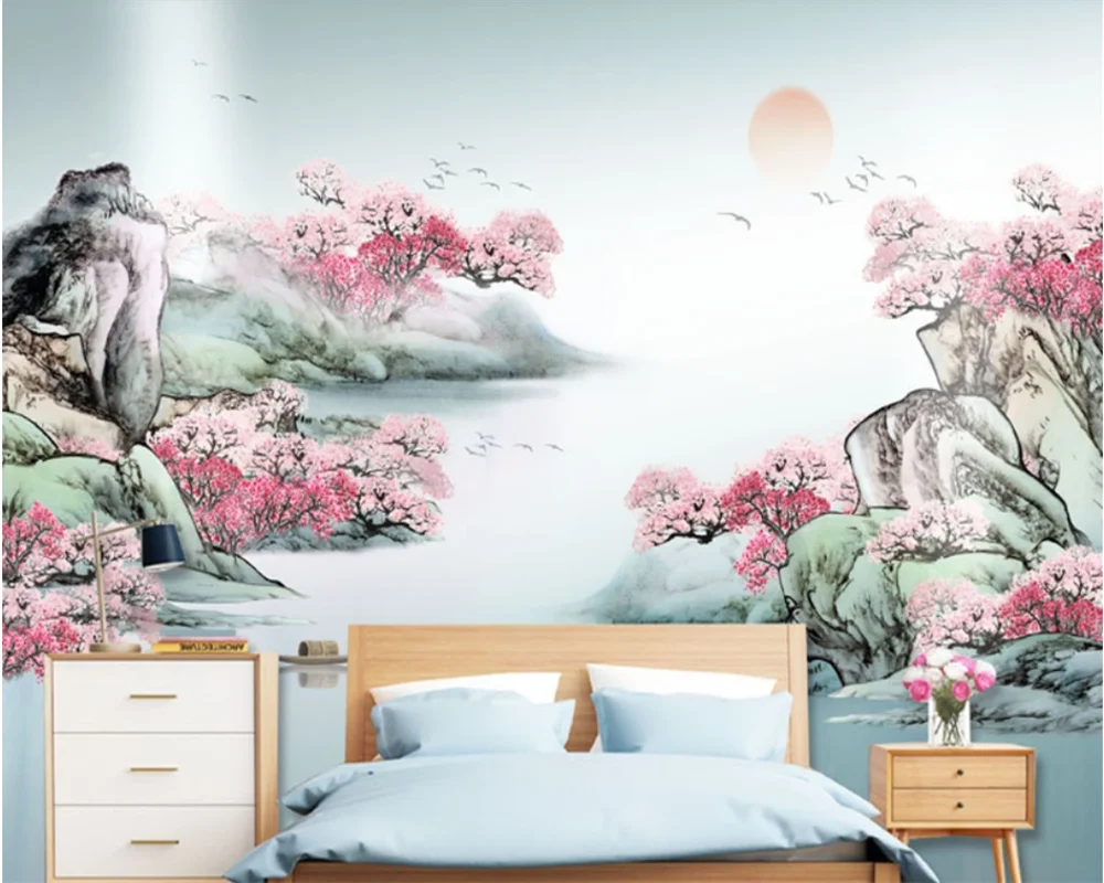 

beibehang Customized modern new Chinese style abstract ink landscape peach blossom TV background bedroom sofa wallpaper