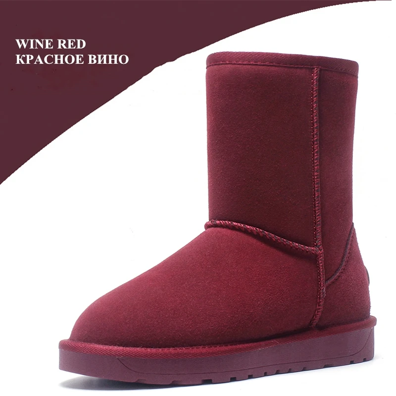 wine red middle Зимние сапоги из натуральной кожи; сапоги из натуральной шерсти; короткие сапоги из коровьей замши с овечьим мехом; теплая женская обувь - Цвет: wine red middle