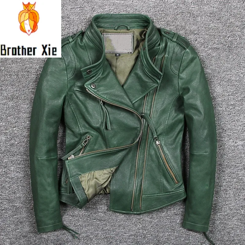 

Italy 2020 New Green Sheepskin Genuine Leather Jacket Women Motor Windproof Biker Real Leather Coat Zip Punk Jaqueta De Couro