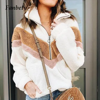 

Fanbety Winter Soft Coral Fleece Hoodies Women Autumn zipper Pullovers Female patchwork warm pocket Hoodies Long-Sleeve Jackets