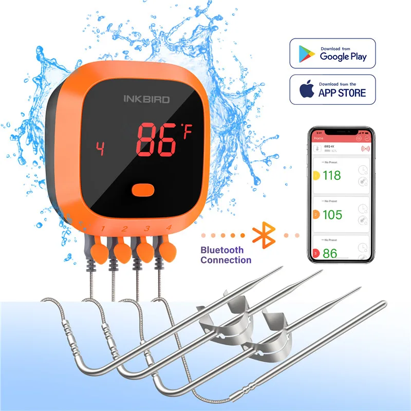 

Inkbird Waterproof Bluetooth Meat Thermometer with 4 Probes, IBT-4XC Rechargeable Magnet Remote Control Grilling Thermometer