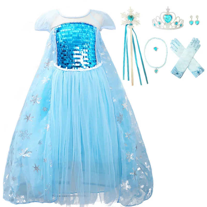 

Girls Birthday Party Anna Elsa Dress Halloween Princess Snow Queen Snowflake Costume Child Elza Anna Rapunzel Wig Crown Autumn