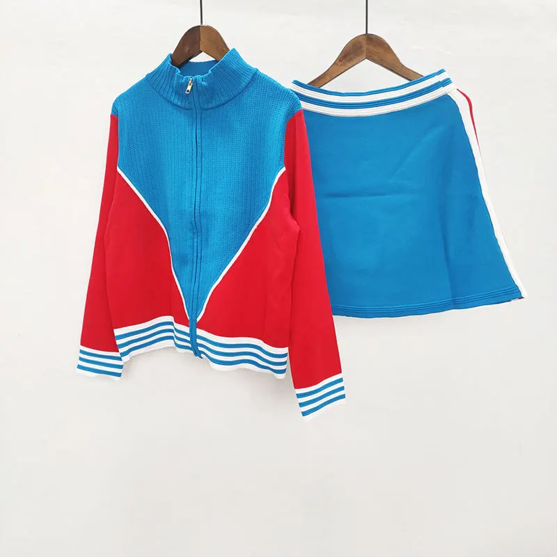 

2019 Early Autumn New Style Contrast Color Stand Collar Knitted Cardigan Short Jacket + A- line Skirt-Style Two-Piece Set Fashio
