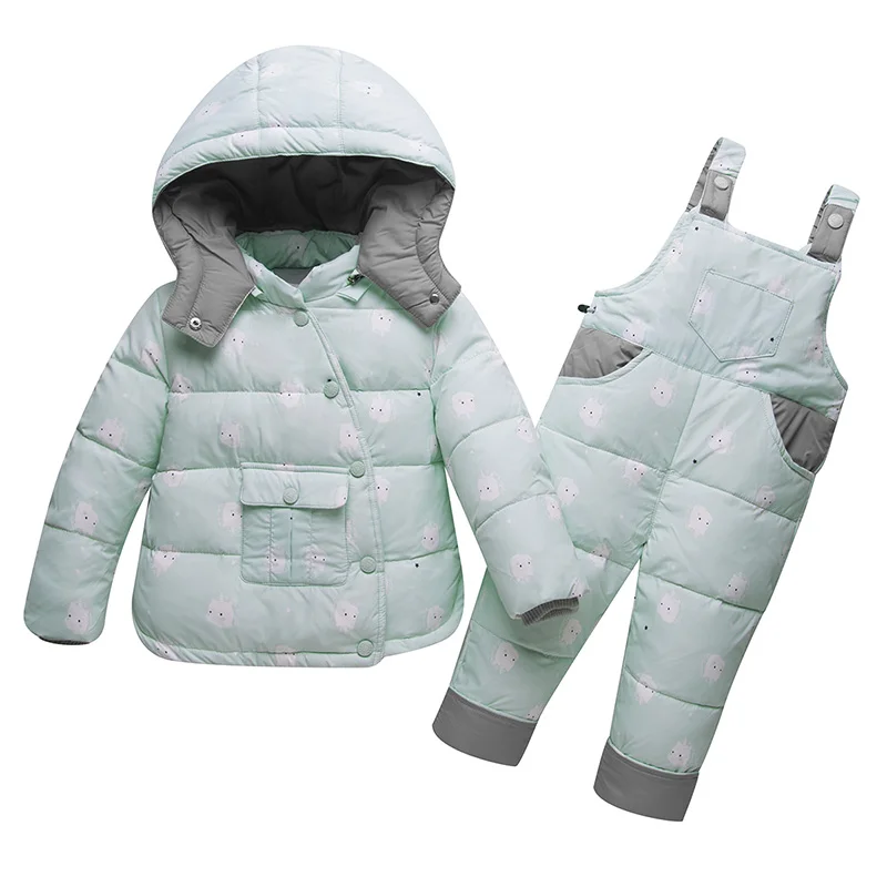Детские теплые пуховые пальто, зима, комплекты детской пуховой одежды, 2 предмета, куртка и комбинезон, зимний комбинезон для маленьких девочек и мальчиков 1-4 лет - Цвет: Light Green