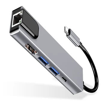 

5 In 1 Aluminum Alloy Adapter HDMI 4K U Disk Stable PD Fast Charging Gigabit Ethernet Type C Hub High Speed USB 3.0 For MacBook